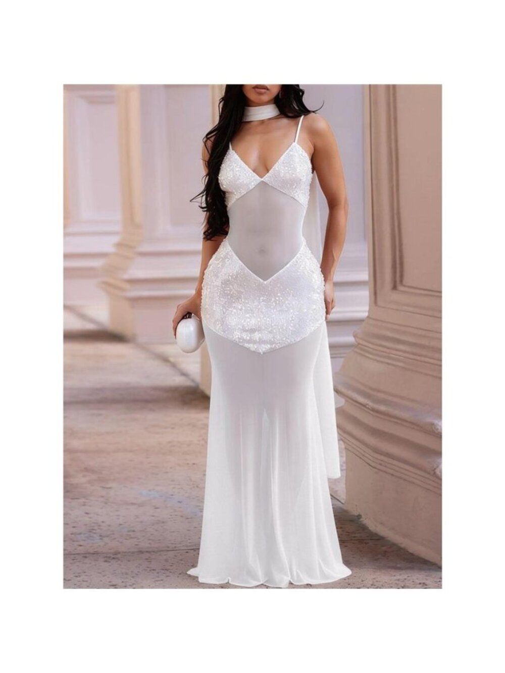 Sequin V-Neck Sheer Mesh Maxi Dress